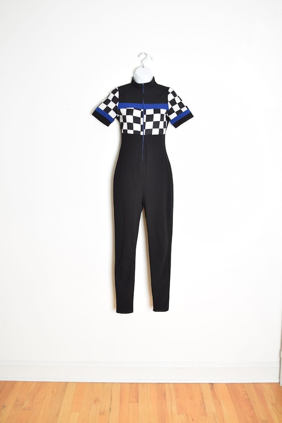 vintage y2k jumpsuit black checkerboard race print