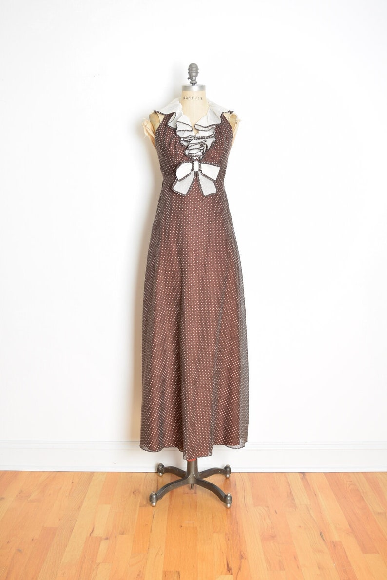 vintage 70s dress Miss Elliette polka dot ruffle long halter maxi prom XS brown clothing shawl set image 1