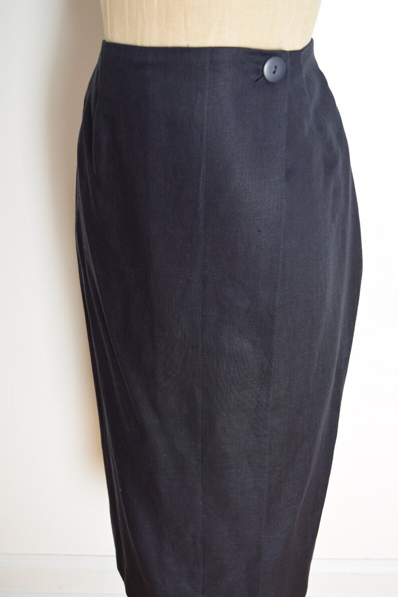 vintage 90s wrap skirt navy blue linen high waisted pencil secretary simple M clothing image 3