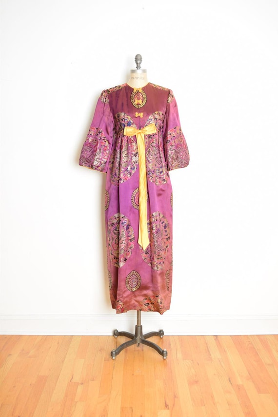 purple 60s dress Vintage 1960s Boho Purple Flower Print Dress - Maxi - Long Sleeves - High  Neck - Xs