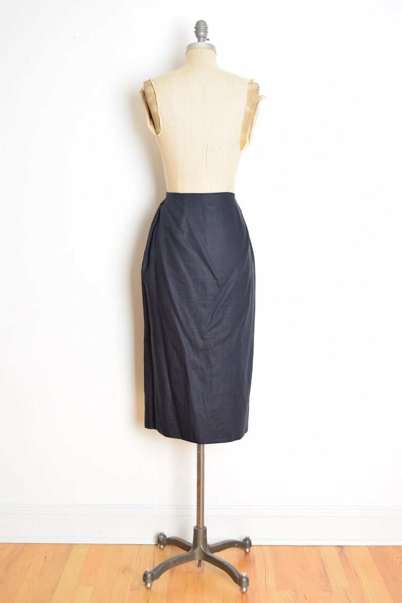 vintage 90s wrap skirt navy blue linen high waisted pencil secretary simple M clothing image 5