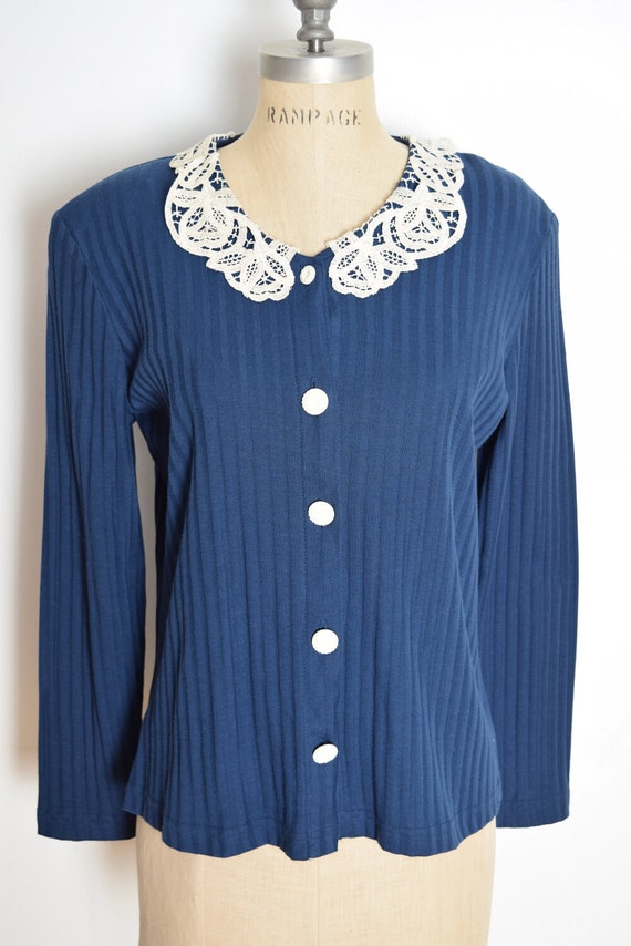 vintage 90s jacket top navy blue ribbed crochet c… - image 2