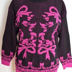 vintage 80s sweater black fuchsia sparkly metallic bows jumper top shirt M clothing image 2