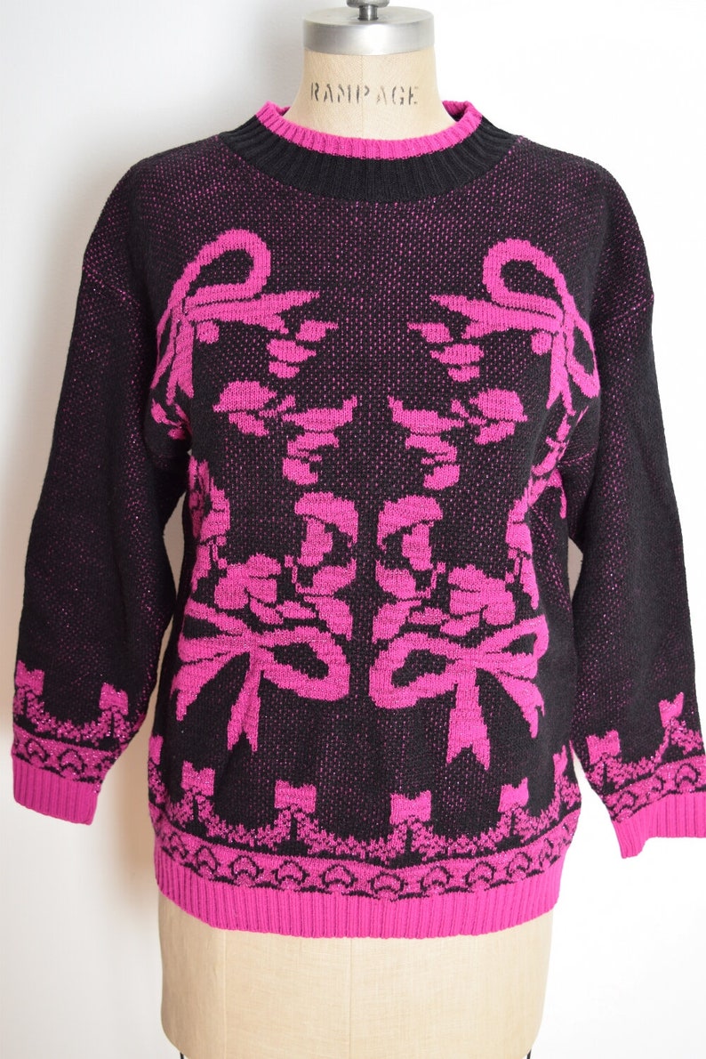 vintage 80s sweater black fuchsia sparkly metallic bows jumper top shirt M clothing image 2