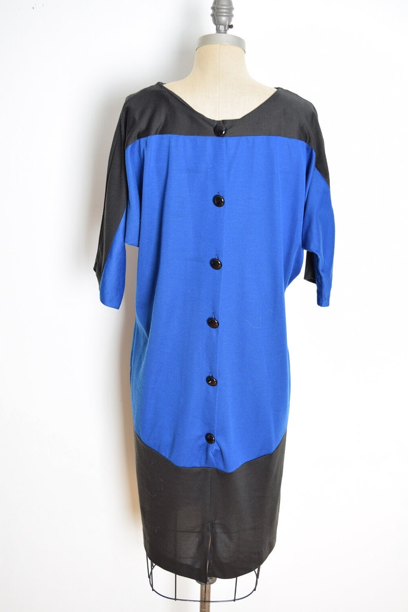 vintage 80s dress blue black color block space age mod dolman midi dress XL extra large clothing