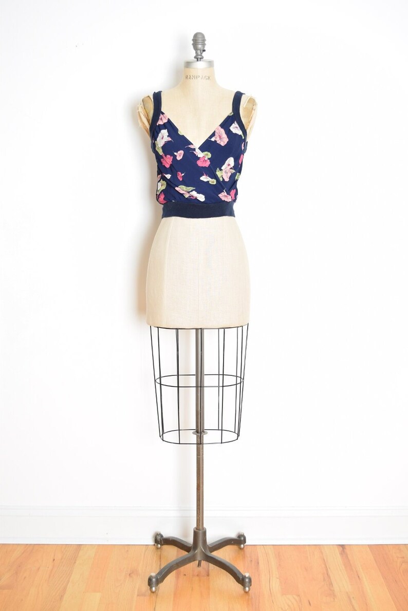 vintage 90s top navy blue rayon floral print grunge shirt blouse crop top tank S small clothing