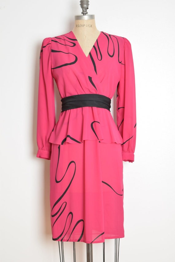 vintage 80s dress magenta pink black swirl print … - image 2