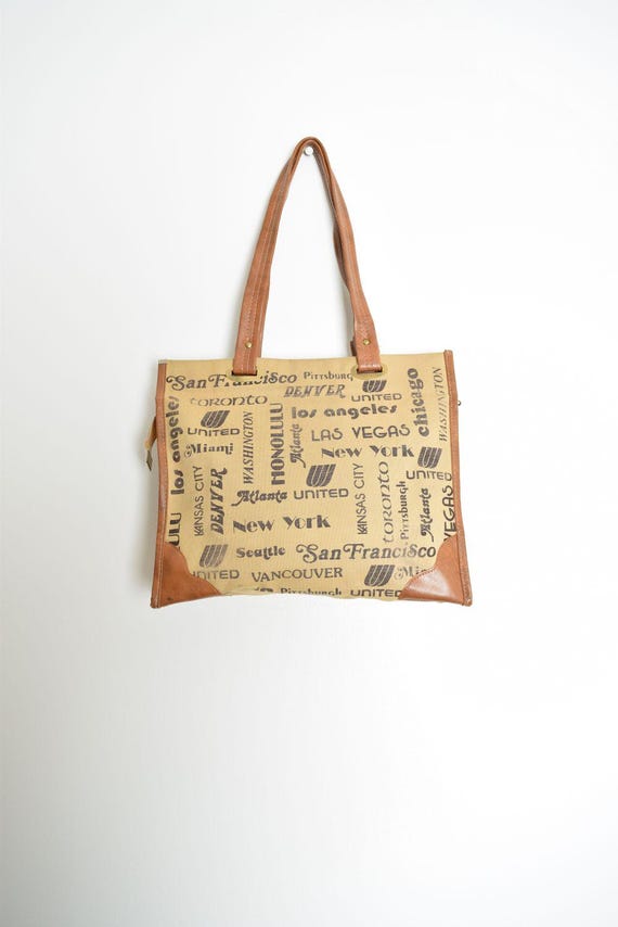 vintage 70s purse beige brown US cities print carryon tote bag novelty print View 5