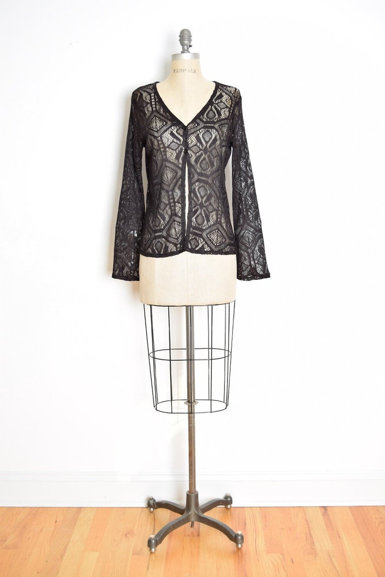 vintage 90s cardigan sheer black crochet bell sleeve goth lace jacket top M medium clothing