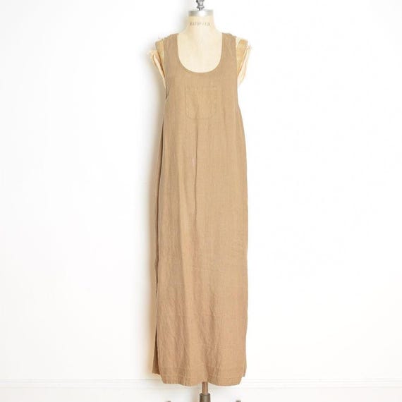 Vintage 90s Dress CHICOS Brown Linen Lagenlook Normcore Long Maxi Jumper S M
