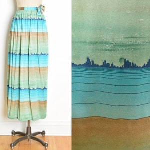 vintage 70s skirt art deco city novelty print blue green long maxi coverup M clothing image 1