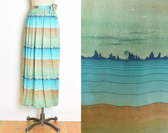 vintage 70s skirt art deco city novelty print blue green long maxi coverup M clothing