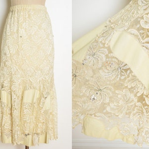 vintage 80s skirt cream lace leather insert high waisted midi flapper M L clothing image 1