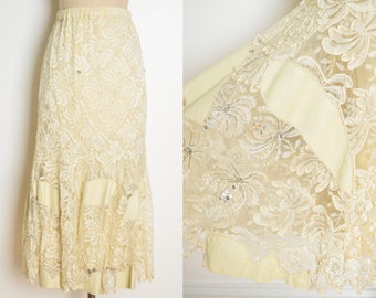 vintage 80s skirt cream lace leather insert high waisted midi flapper M L clothing