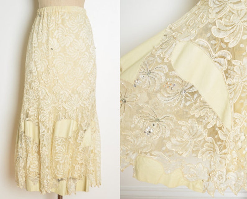 vintage 80s skirt cream lace leather insert high waisted midi flapper M L clothing image 1