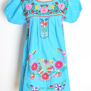 vintage 70s dress blue Mexican floral embroidered hippie boho mini cotton S clothing image 2