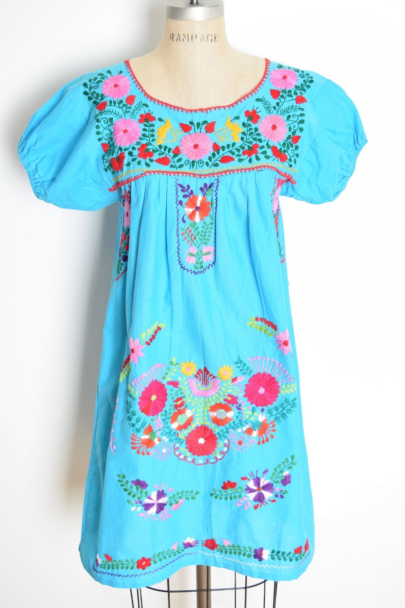vintage 70s dress blue Mexican floral embroidered hippie boho mini cotton S clothing image 2