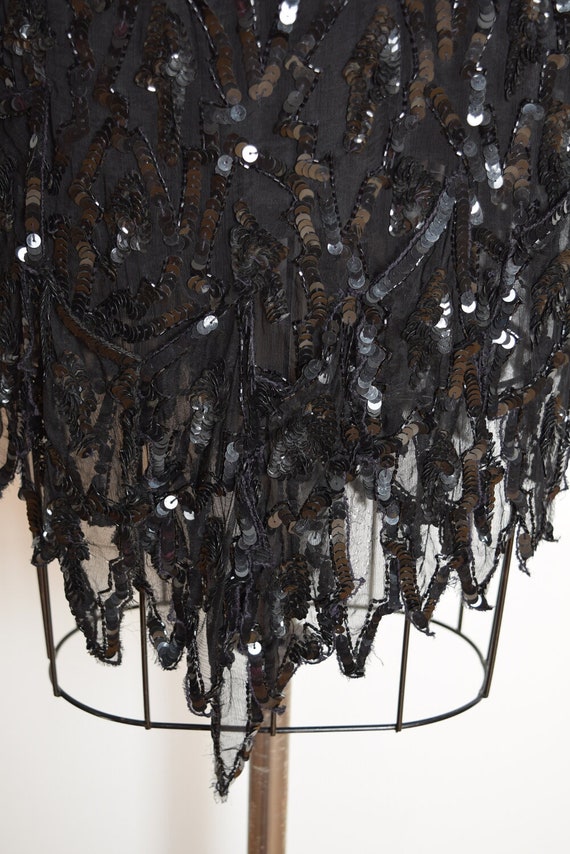 vintage 80s dress black silk sequin beaded feathe… - image 6