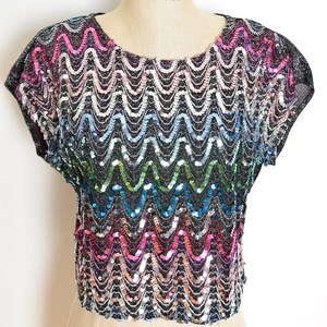 vintage 70s top black metallic sequin gradient disco colorful shirt blouse M clothing image 3