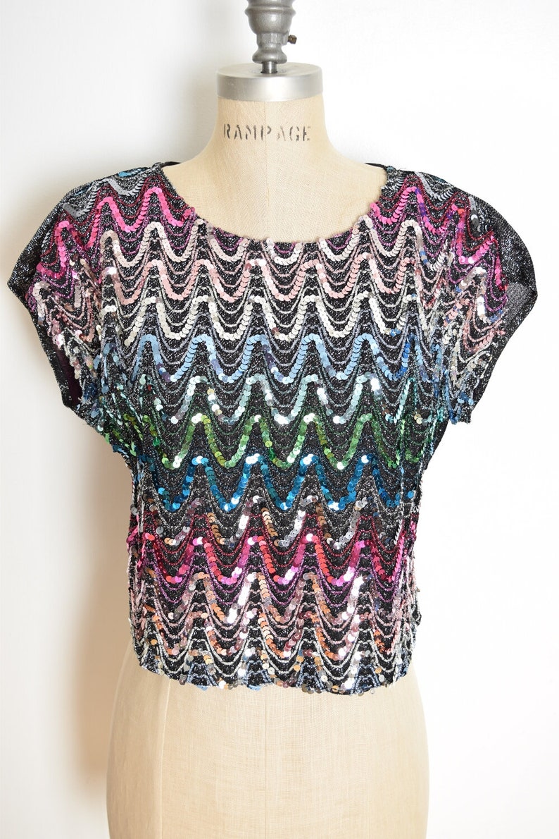 vintage 70s top black metallic sequin gradient disco colorful shirt blouse M clothing image 3