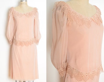 vintage 80s top skirt set pink crochet trim outfit secretary blouse shirt XS/S clothing