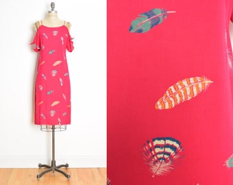 vintage 80s dress magenta pink bird FEATHER print midi sun dress S hippie boho clothing