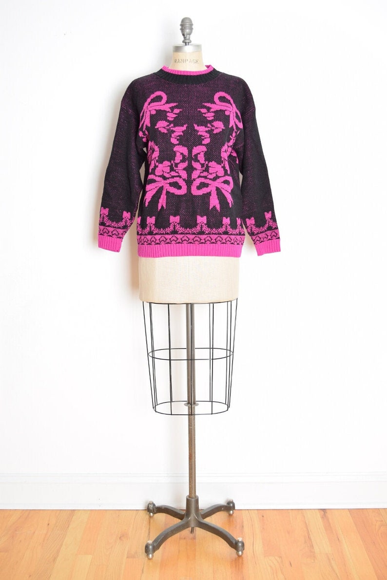 vintage 80s sweater black fuchsia sparkly metallic bows jumper top shirt M clothing image 1