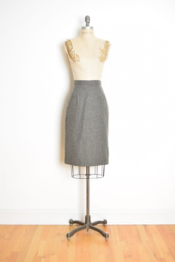 vintage 80s skirt gray wool high waisted slim sec… - image 1