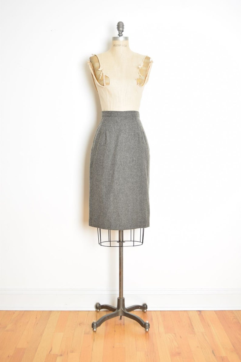 vintage 80s skirt gray wool high waisted slim secretary pencil skirt S simple clothing image 1