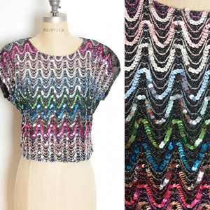 vintage 70s top black metallic sequin gradient disco colorful shirt blouse M clothing