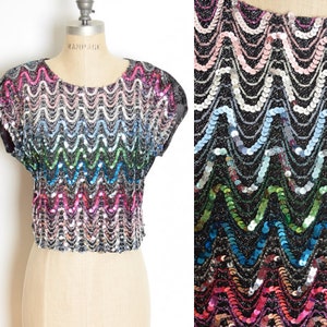 vintage 70s top black metallic sequin gradient disco colorful shirt blouse M clothing image 1