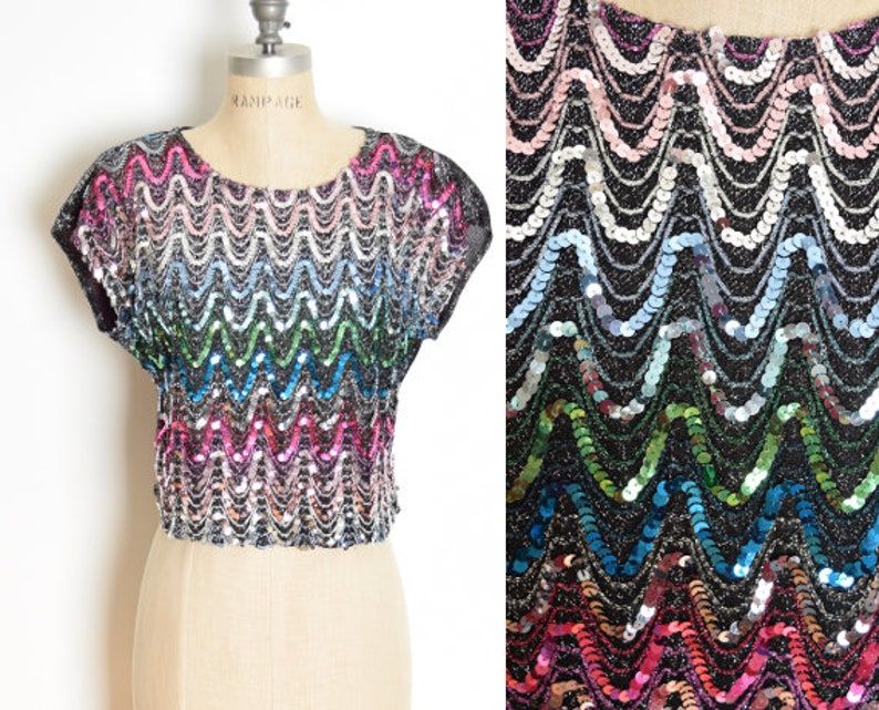 vintage 70s top black metallic sequin gradient disco colorful shirt blouse M clothing image 1