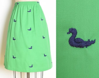 vintage 70s skirt green navy embroidered DUCKS birds high waisted skirt S M clothing
