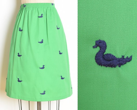 vintage 70s skirt green navy embroidered DUCKS bi… - image 1