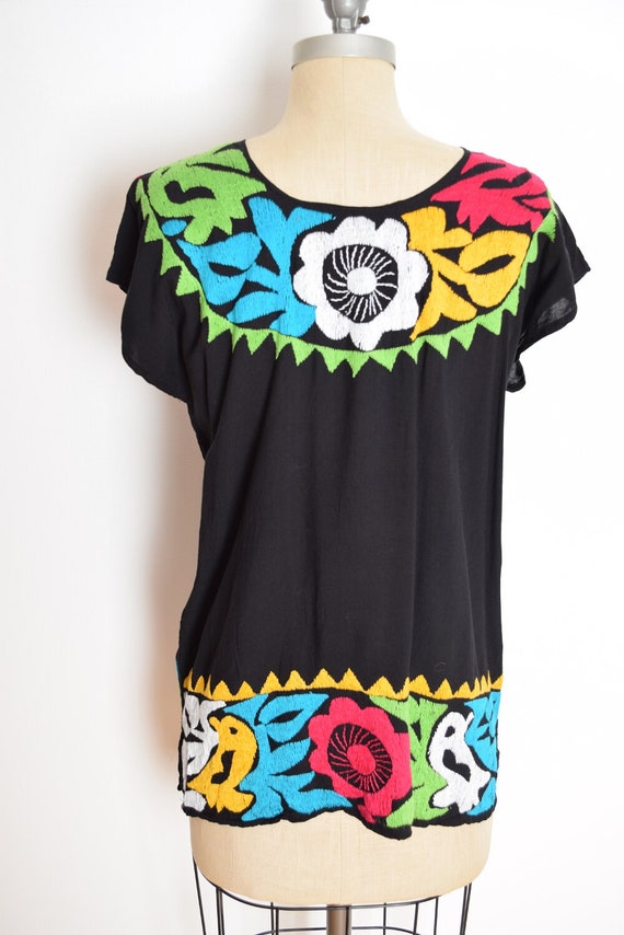 vintage top black Mexican embroidered floral hipp… - image 5