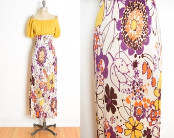 vintage 60s 70s dress yellow floral print peasant hippie boho long maxi S M psychedelic clothing