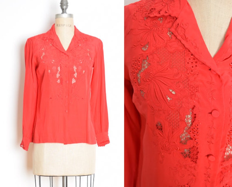 vintage 80s top red silk cutwork embroidered secretary blouse shirt S clothing