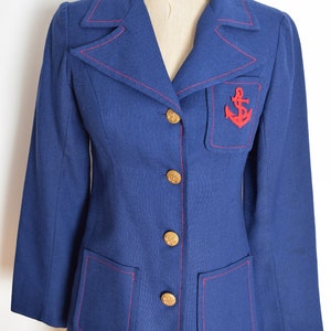 vintage 70s jacket navy red ANCHOR blazer embroidered novelty print lining XS S image 3