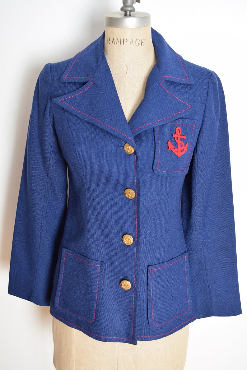 vintage 70s jacket navy red ANCHOR blazer embroidered novelty print lining XS S image 3