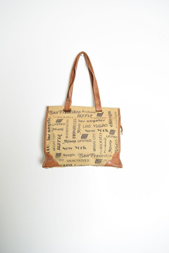 vintage 70s purse beige brown US cities print carryon tote bag novelty print View 2
