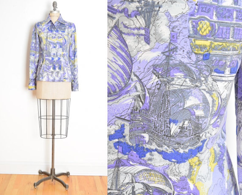 vintage 70s blouse disco shirt ship boat novelty print top purple pointy collar clothing S image 1