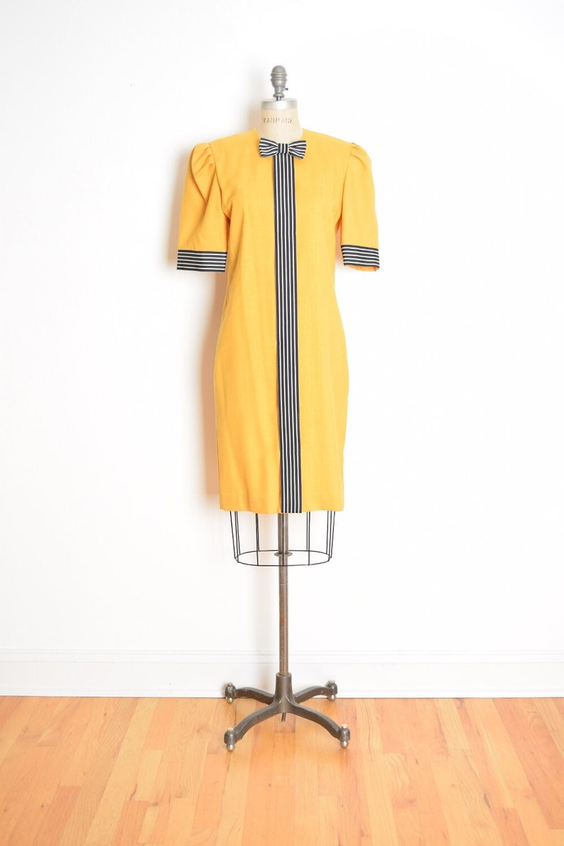 vintage 80s dress yellow striped trim bow puff sleeve secretary midi dress M clothing image 1