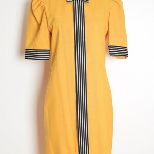 vintage 80s dress yellow striped trim bow puff sleeve secretary midi dress M clothing image 2