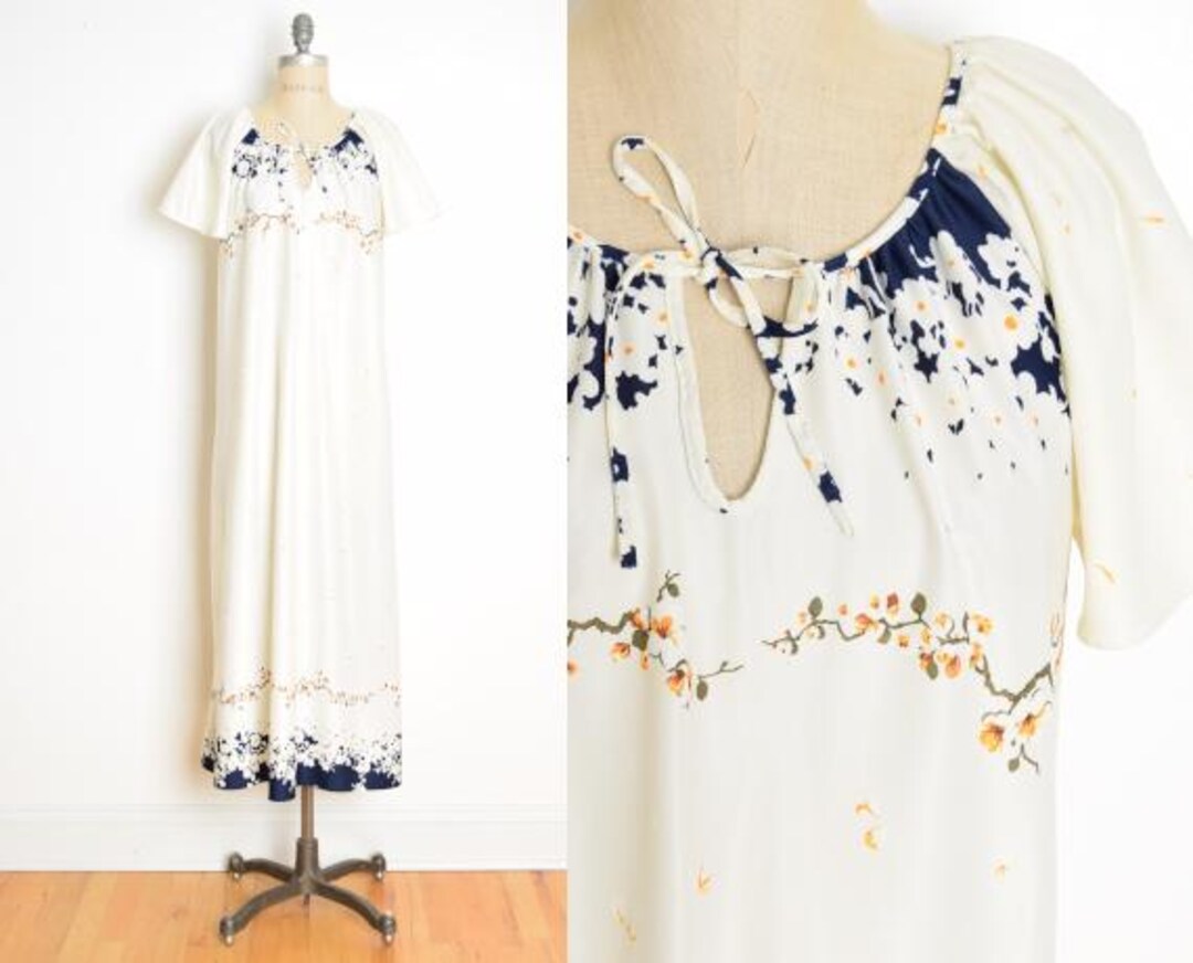Vintage 70s Maxi Dress Cream Navy Floral Border Print Caftan Tent ...