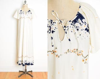 Vestido largo vintage de los 70, color crema, azul marino, estampado floral en el borde, estilo caftán, estilo tienda de campaña, hippie, bohemio, talla M