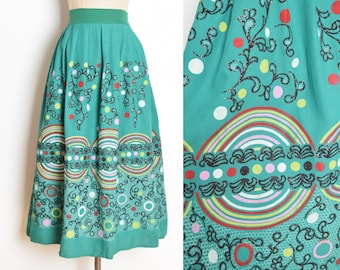 vintage 50s skirt green rayon full flock border printed graphic high waisted volup L XL