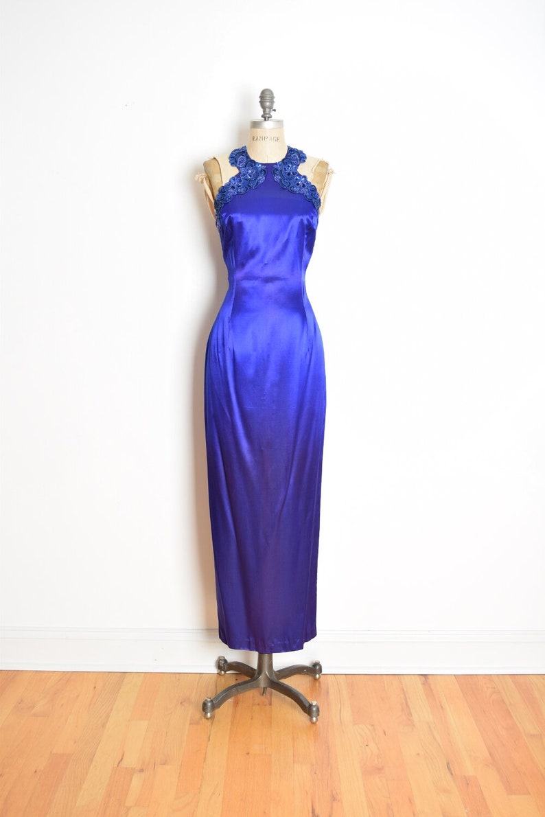 vintage 90s prom dress purple satin sequin cutout McClintock maxi gown party M clothing Gunne Sax image 2