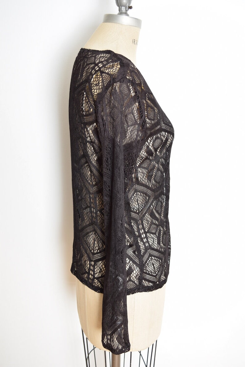 vintage 90s cardigan sheer black crochet bell sleeve goth lace jacket top M medium clothing