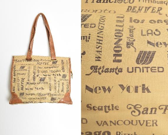 vintage 70s purse beige brown US cities print carryon tote bag novelty print