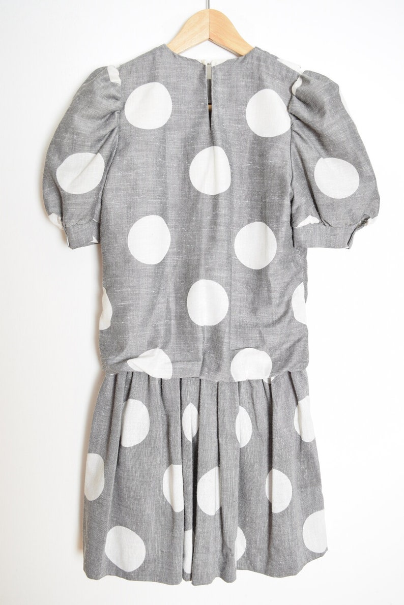 vintage 80s dress gray white polka dot print kinderwhore mini puff sleeve XS clothing image 5